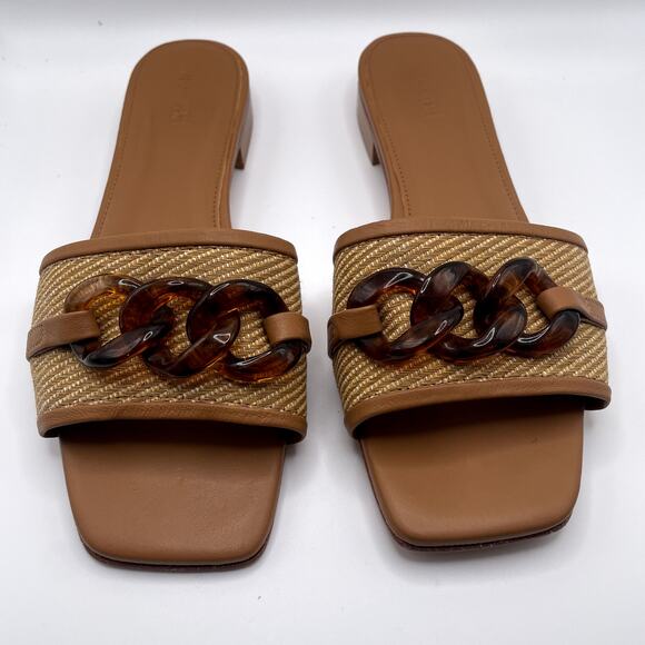 J. McLaughlin Adima Flat Slide Sandals 9  Straw Tortoiseshell Chain - Picture 6 of 9